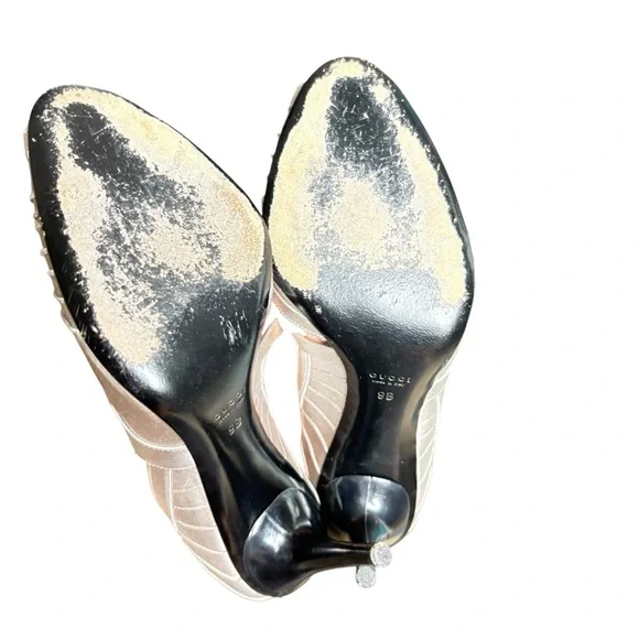 Gucci w/ Tom Ford Silver & Blk Satin Open Toe Formal Bow Detail High Heels 9 - Picture 13 of 14